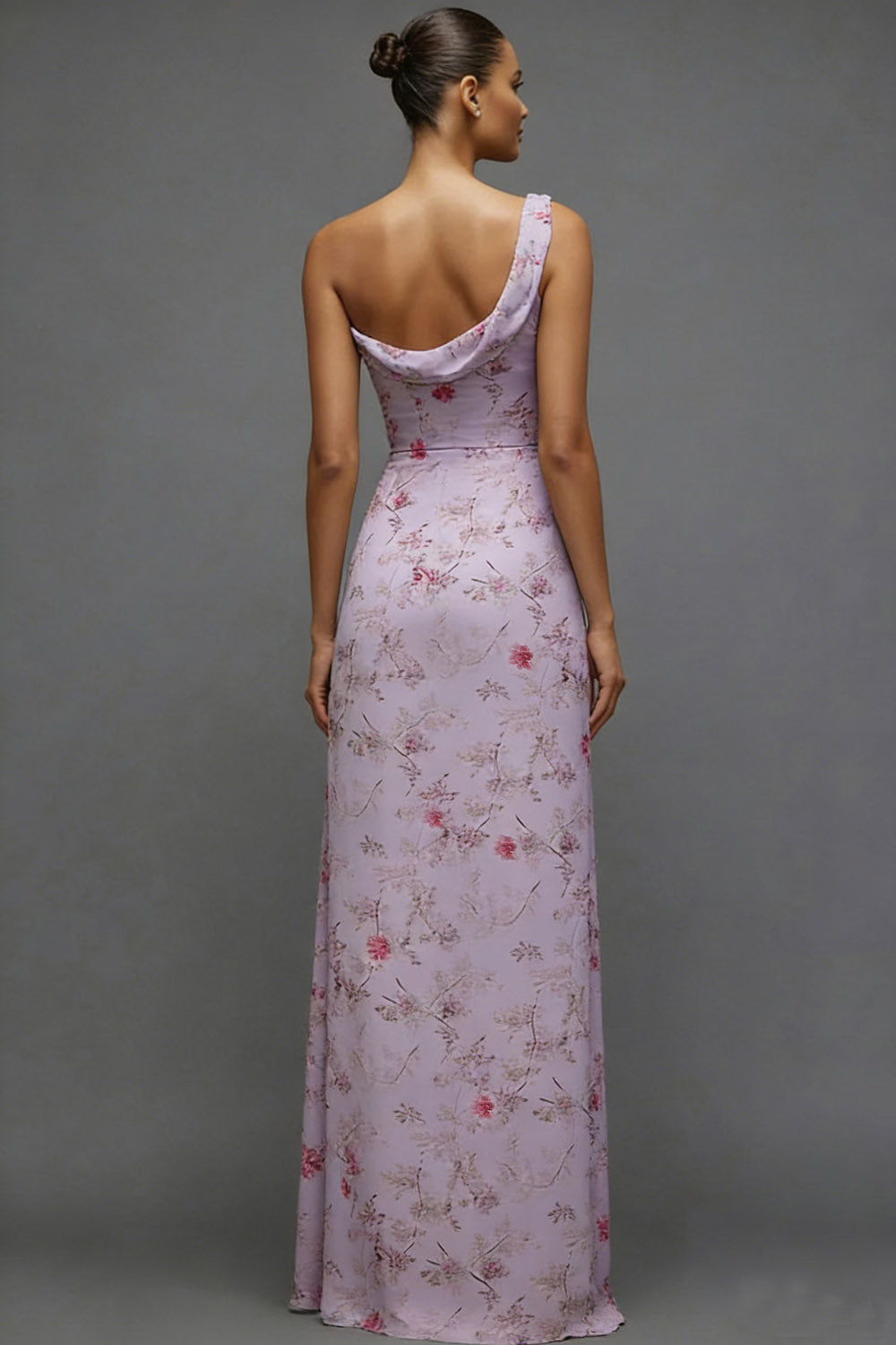 Floral Lilac One Shoulder Long Bridesmaid Dress with Slit