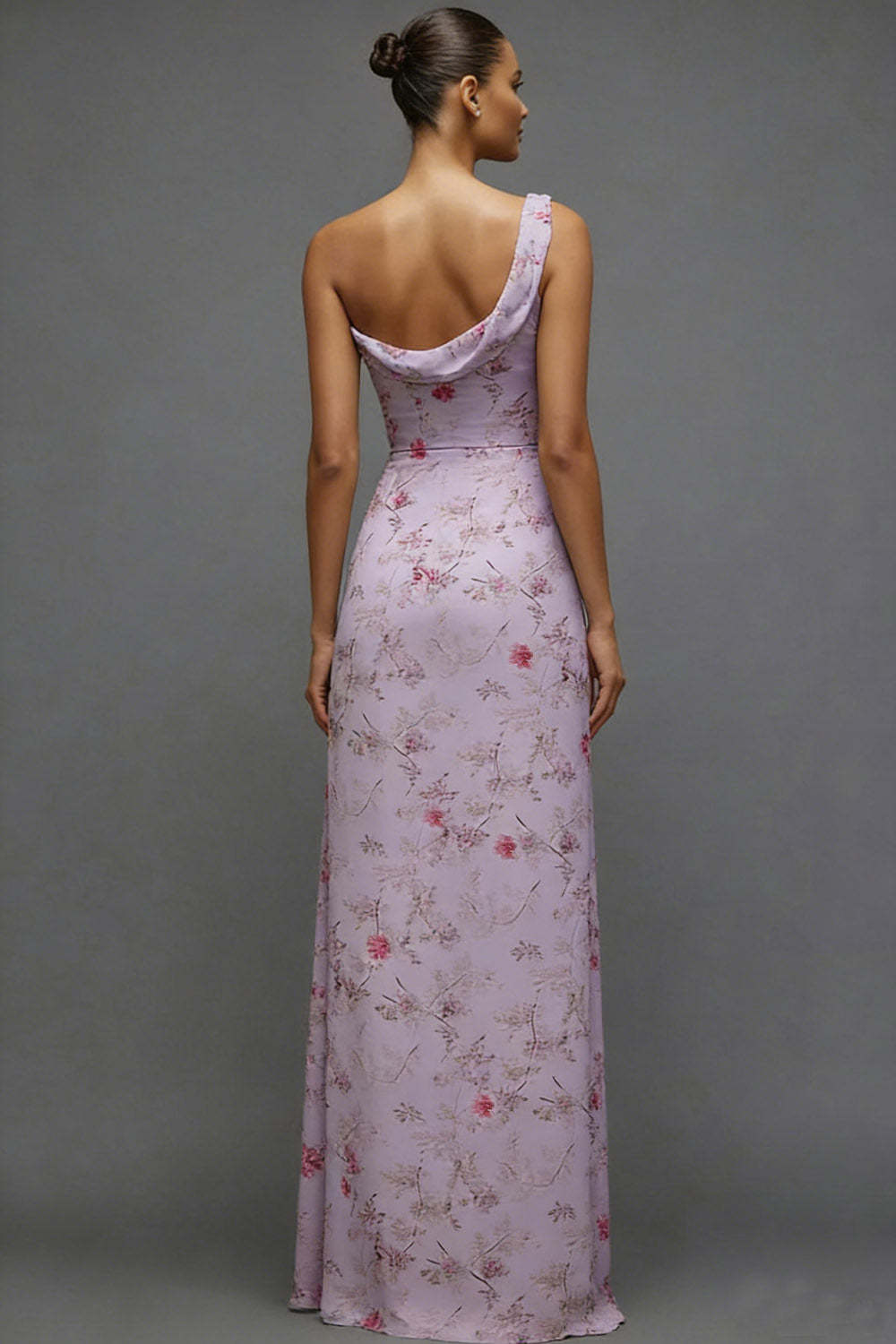 Floral Lilac One Shoulder Long Bridesmaid Dress with Slit