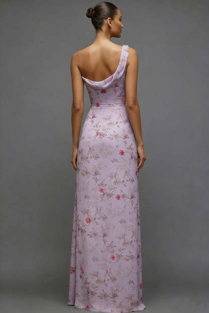 Floral Lilac One Shoulder Long Bridesmaid Dress with Slit
