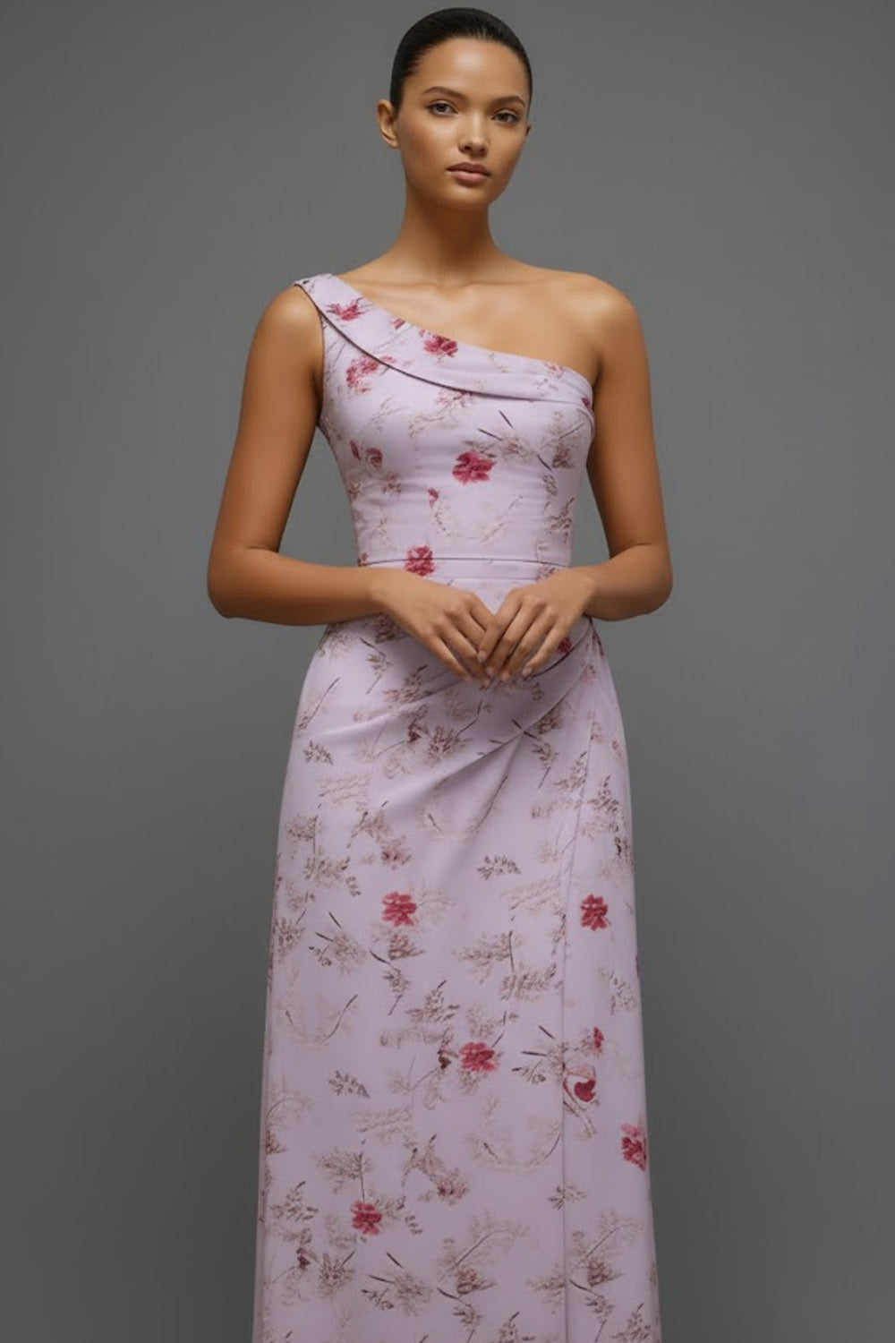 Floral Lilac One Shoulder Long Bridesmaid Dress with Slit