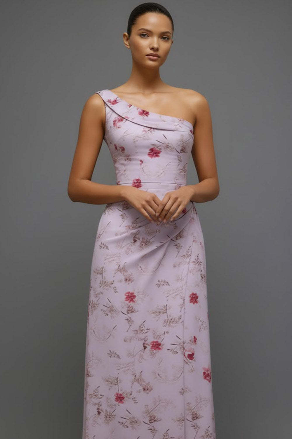 Floral Lilac One Shoulder Long Bridesmaid Dress with Slit