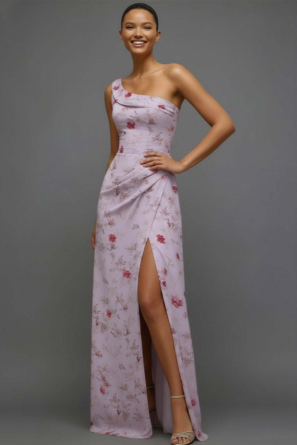 Floral Lilac One Shoulder Long Bridesmaid Dress with Slit