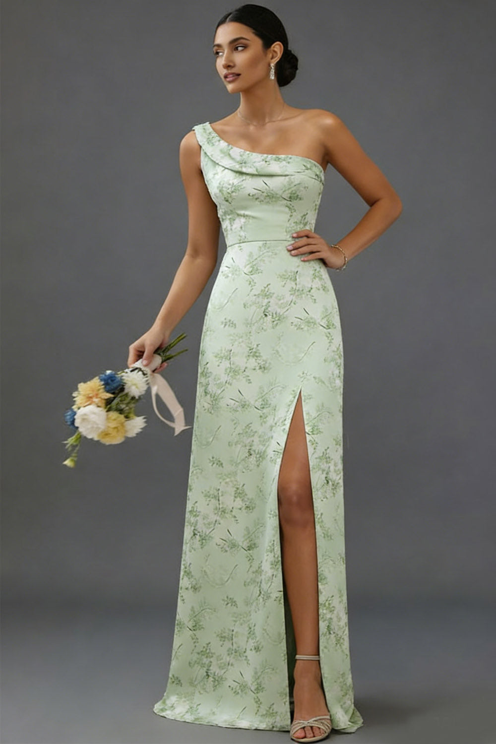 Green Floral One Shoulder Long Bridesmaid Dress with Slit