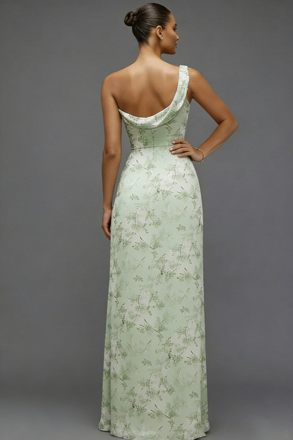 Green Floral One Shoulder Long Bridesmaid Dress with Slit