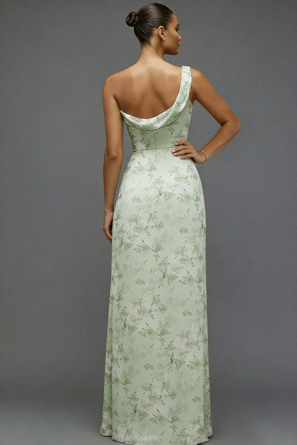 Green Floral One Shoulder Long Bridesmaid Dress with Slit