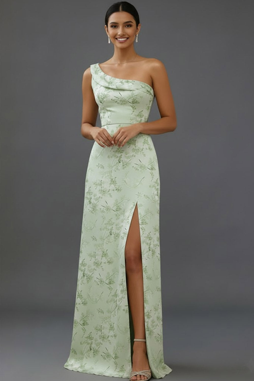Green Floral One Shoulder Long Bridesmaid Dress with Slit