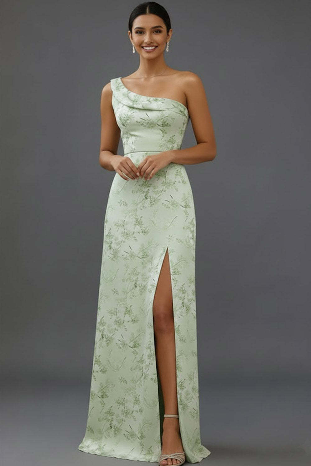 Green Floral One Shoulder Long Bridesmaid Dress with Slit