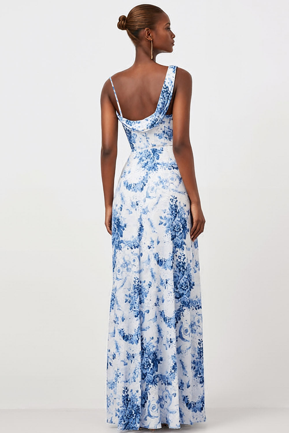 Floral White and Blue Asymmetrical Neck Bridesmaid Dress with Slit