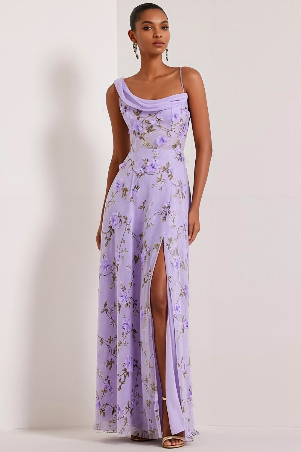 Floral Lilac Asymmetrical Neck Corset Bridesmaid Dress with Slit