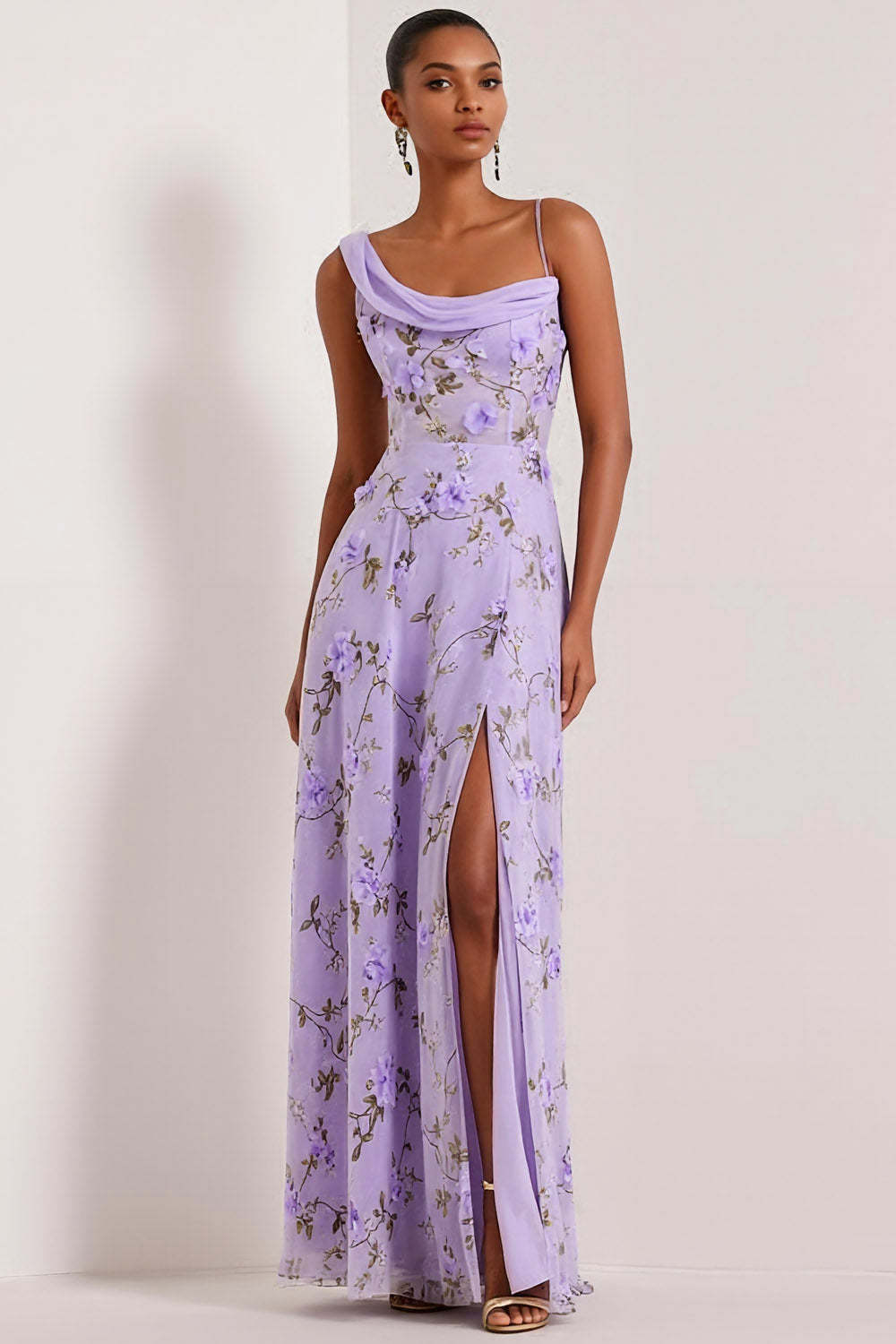 Leely Women Floral Lilac Corset Bridesmaid Dress with Slit Asymmetrical Neck A Line Wedding Guest Dress