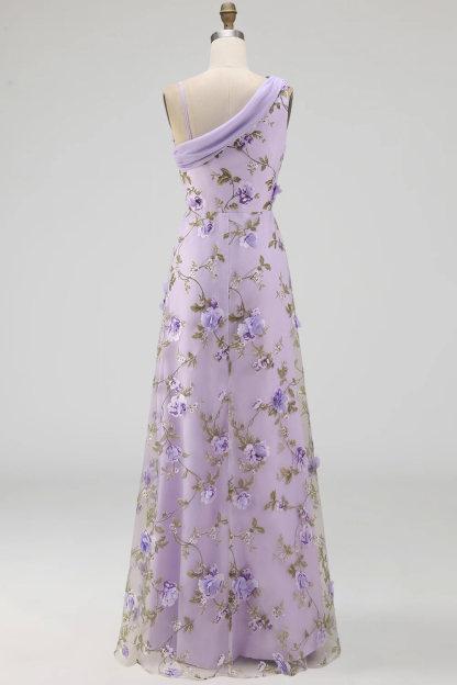 Floral Lilac Asymmetrical Neck Corset Bridesmaid Dress with Slit
