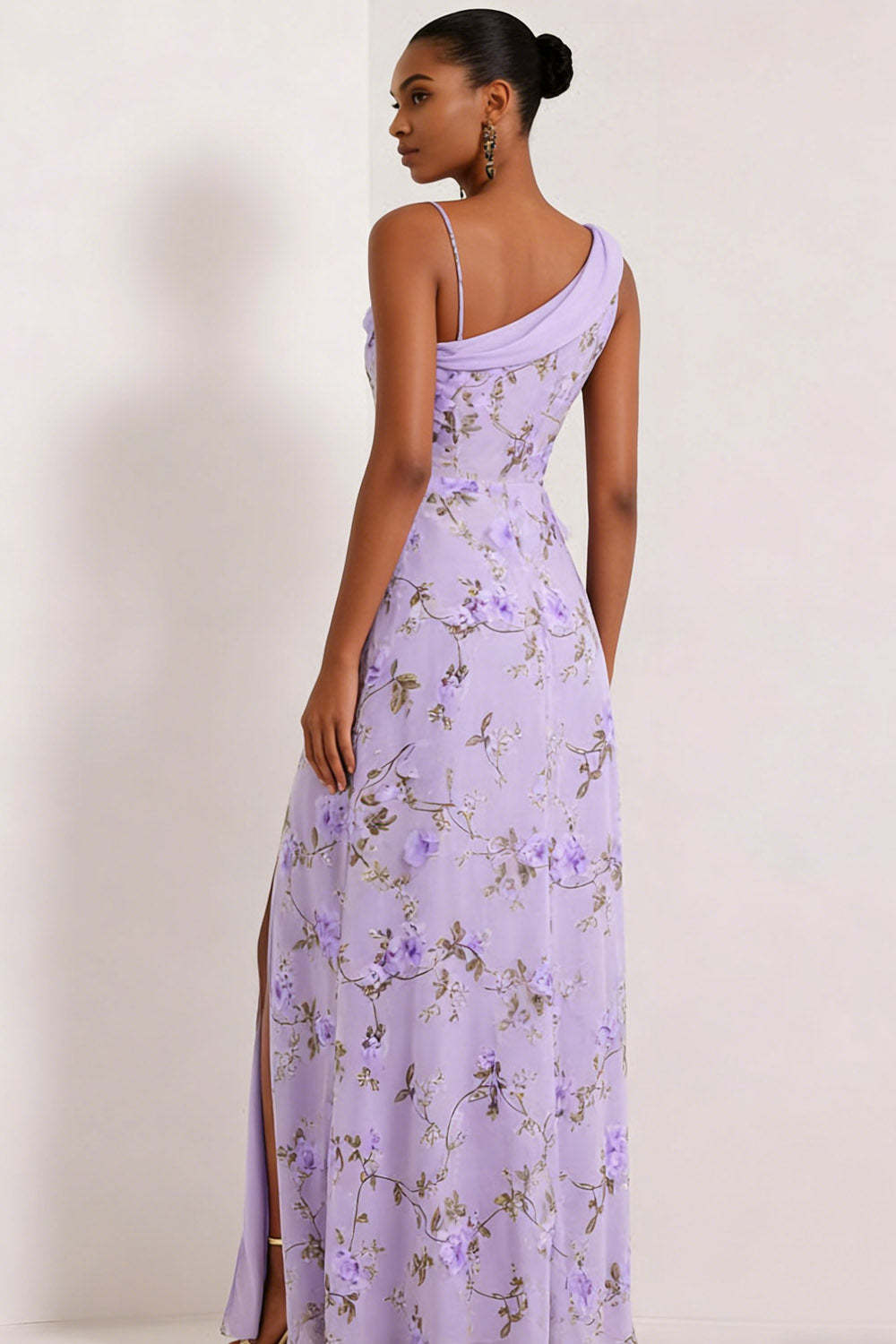 Floral Lilac Asymmetrical Neck Corset Bridesmaid Dress with Slit