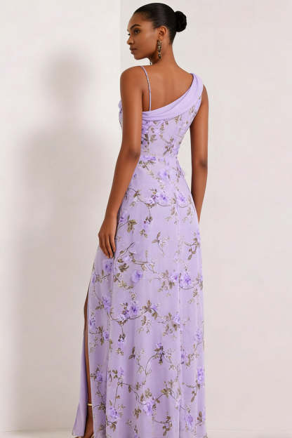 Floral Lilac Asymmetrical Neck Corset Bridesmaid Dress with Slit