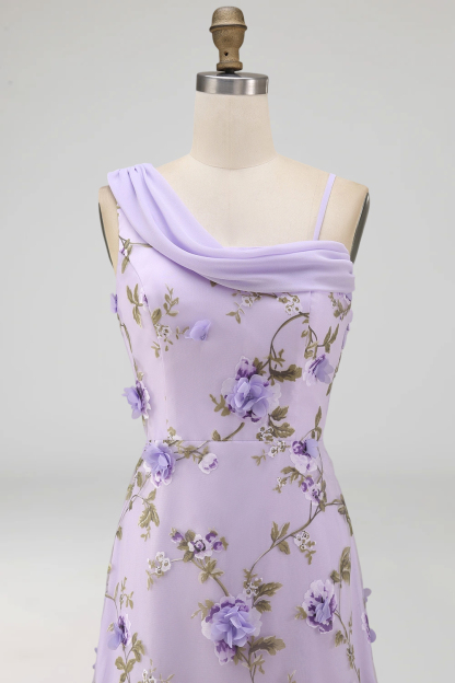 Floral Lilac Asymmetrical Neck Corset Bridesmaid Dress with Slit