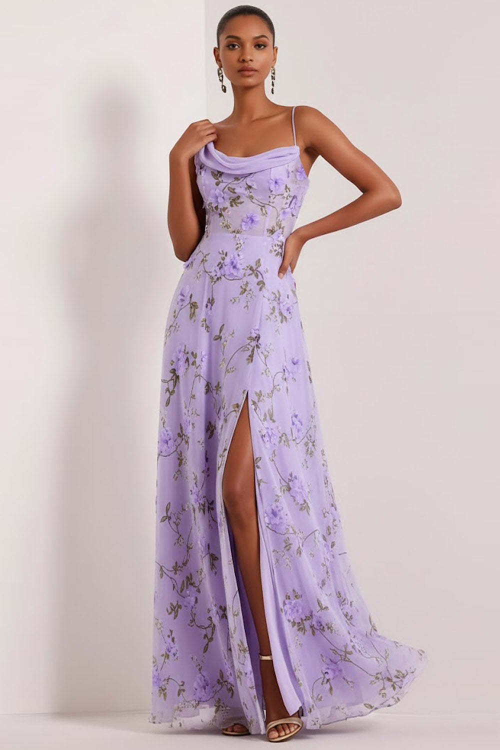 Floral Lilac Asymmetrical Neck Corset Bridesmaid Dress with Slit