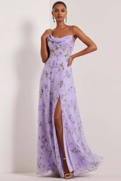 Floral Lilac Asymmetrical Neck Corset Bridesmaid Dress with Slit