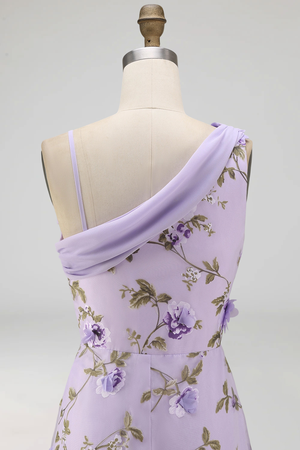 Floral Lilac Asymmetrical Neck Corset Bridesmaid Dress with Slit