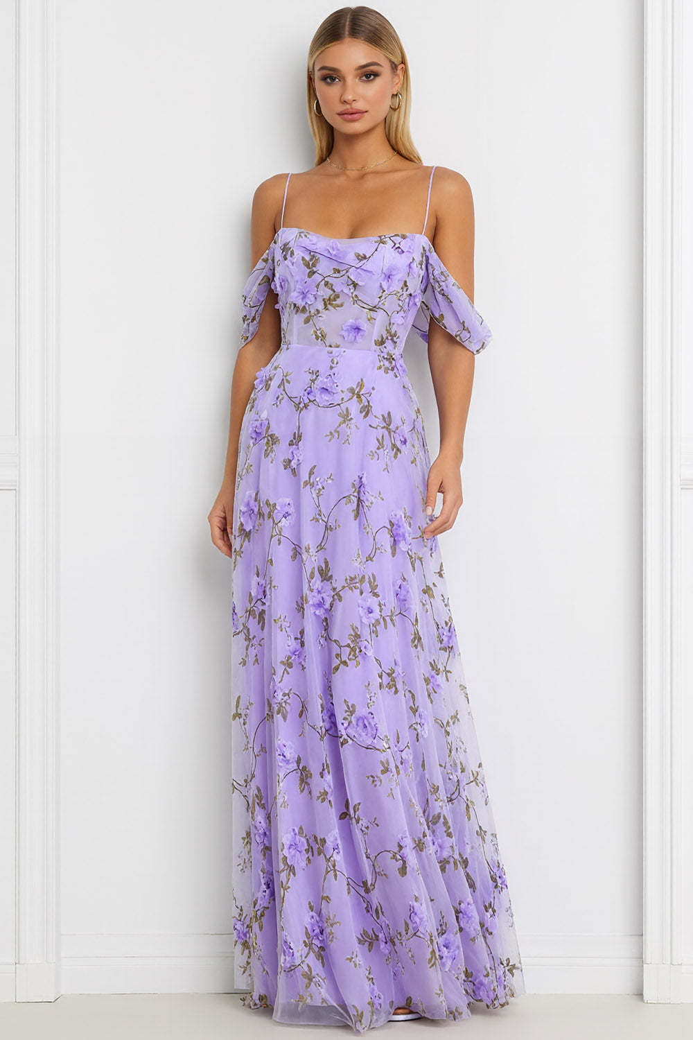 Leely Women Floral Lilac Long Corset Bridesmaid Dress Cold Shoulder A Line Wedding Guest Dress