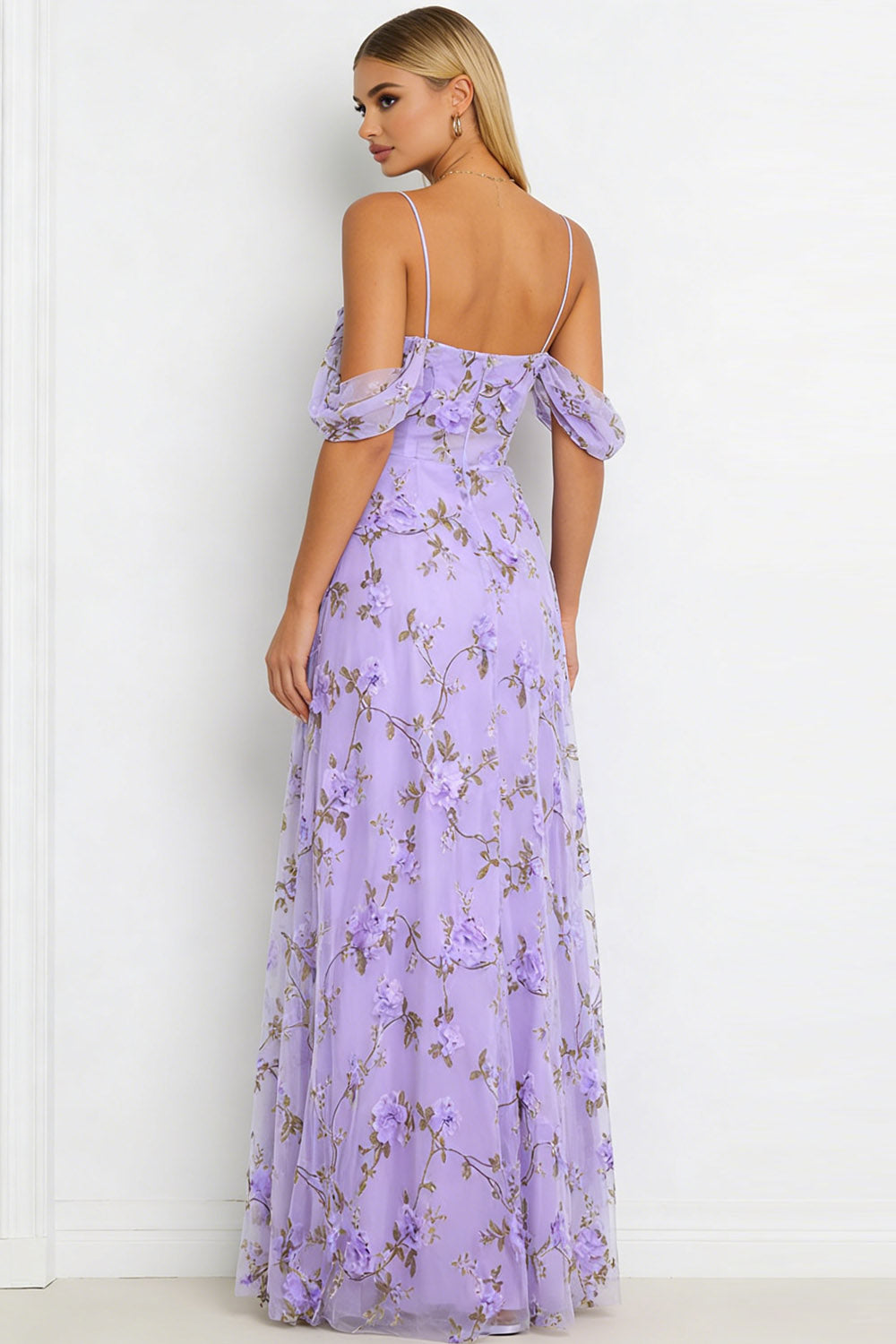 Floral Lilac Cold Shoulder Long Corset Bridesmaid Dress