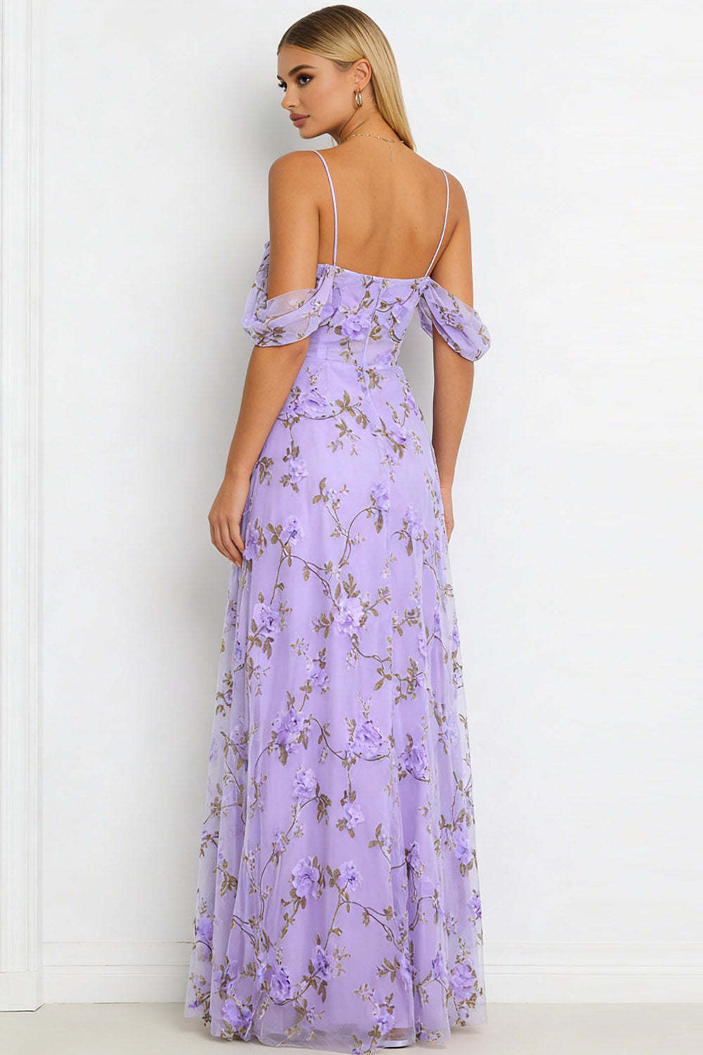 Floral Lilac Cold Shoulder Long Corset Bridesmaid Dress