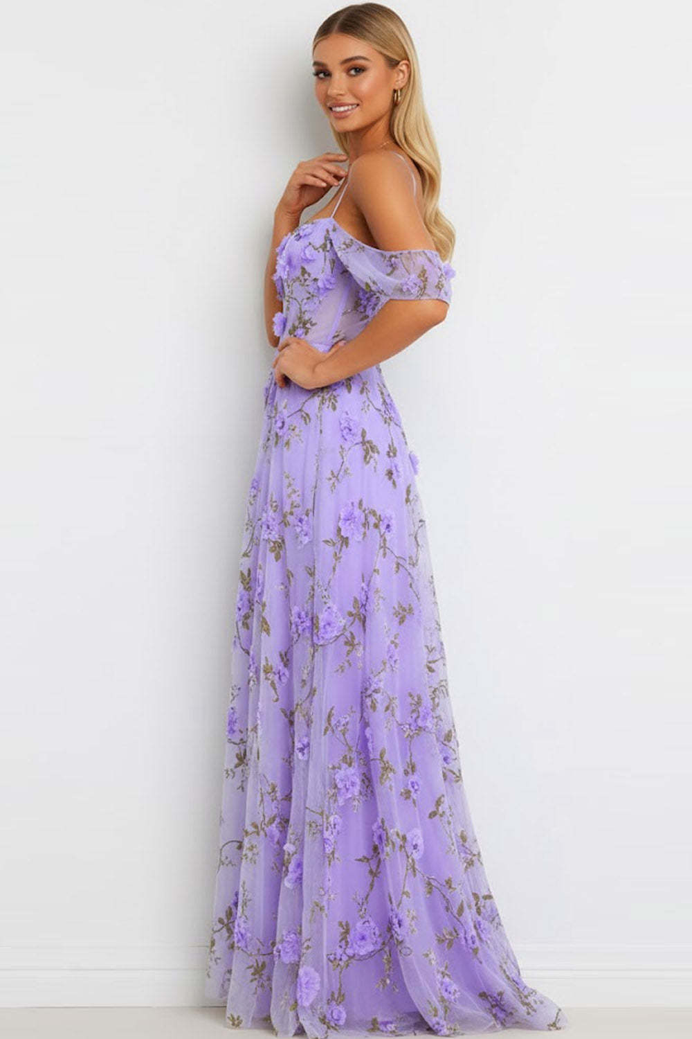 Floral Lilac Cold Shoulder Long Corset Bridesmaid Dress