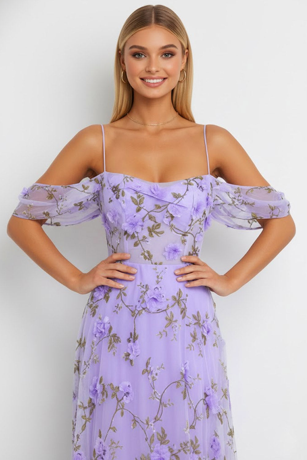 Floral Lilac Cold Shoulder Long Corset Bridesmaid Dress