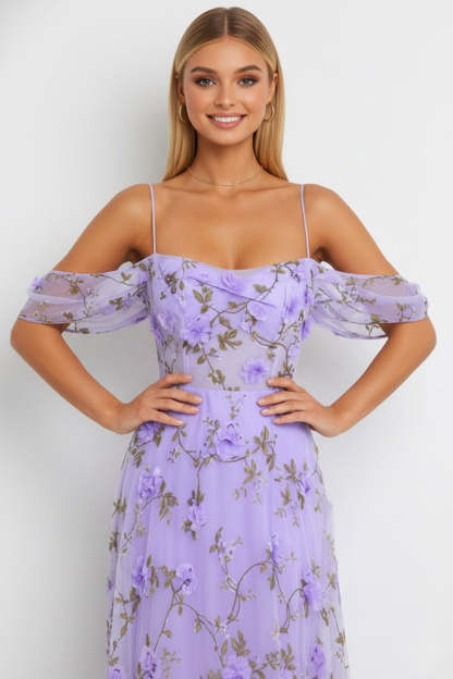 Floral Lilac Cold Shoulder Long Corset Bridesmaid Dress