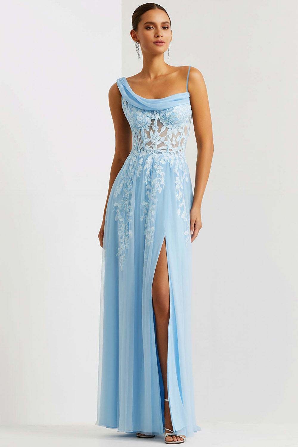 Leely Women Floral Blue Long Corset Prom Dress Asymmetrical Neck A Line Gala Dress with Slit