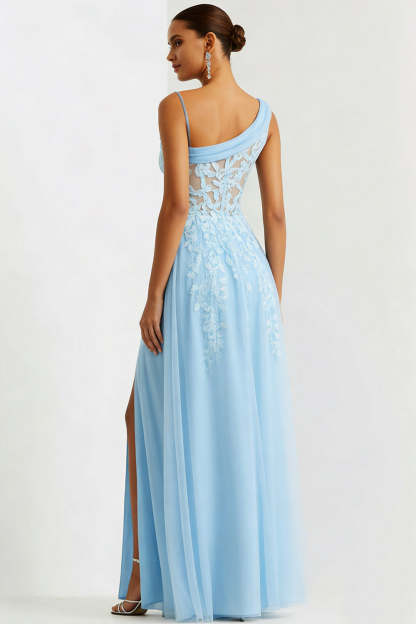 Floral Blue Asymmetrical Neck Long Corset Prom Dress with Slit
