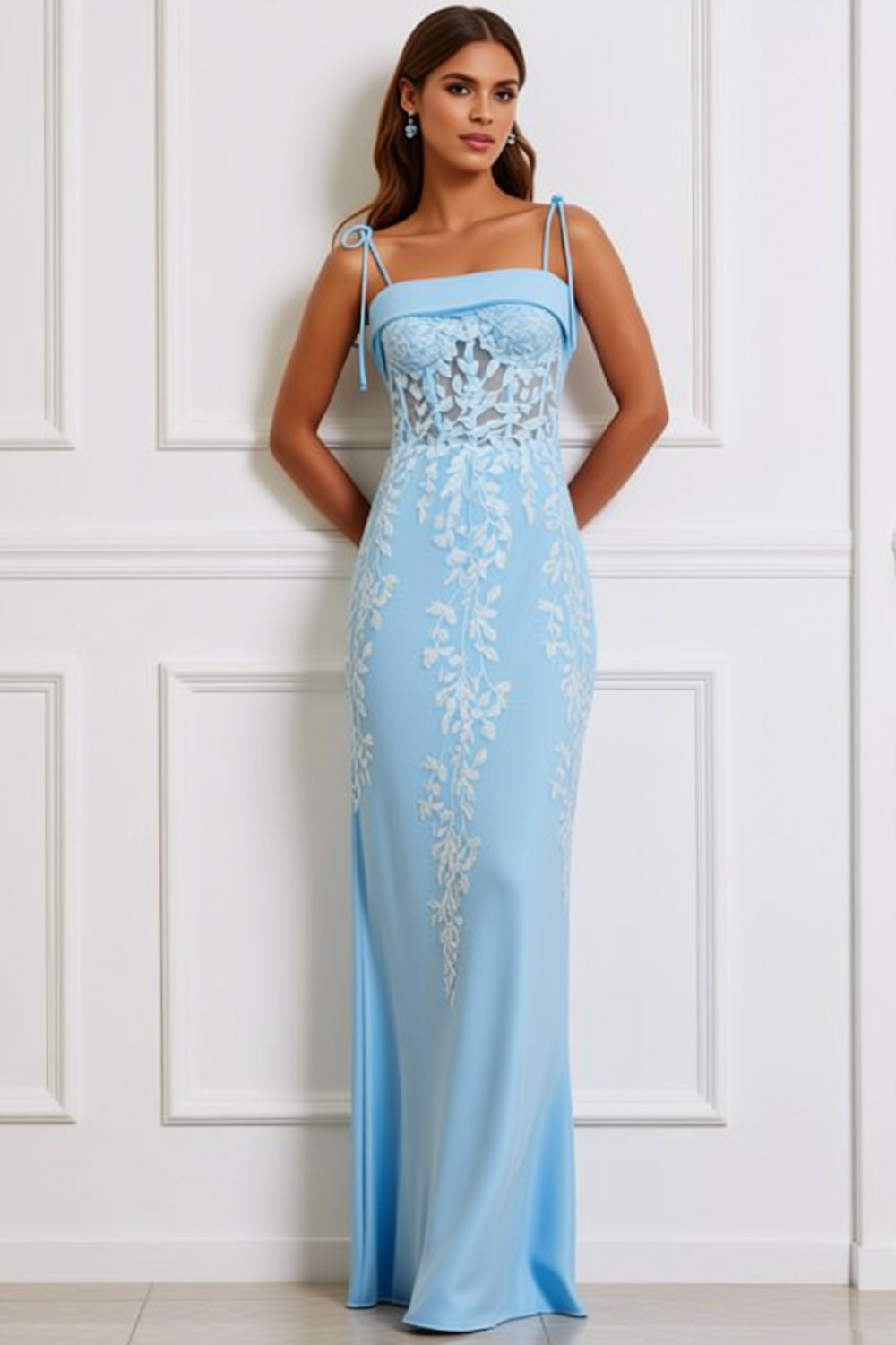 Floral Blue Spaghetti Straps Maxi Corset Prom Dress
