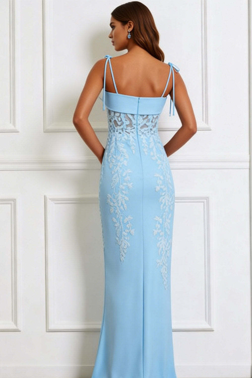 Floral Blue Spaghetti Straps Maxi Corset Prom Dress