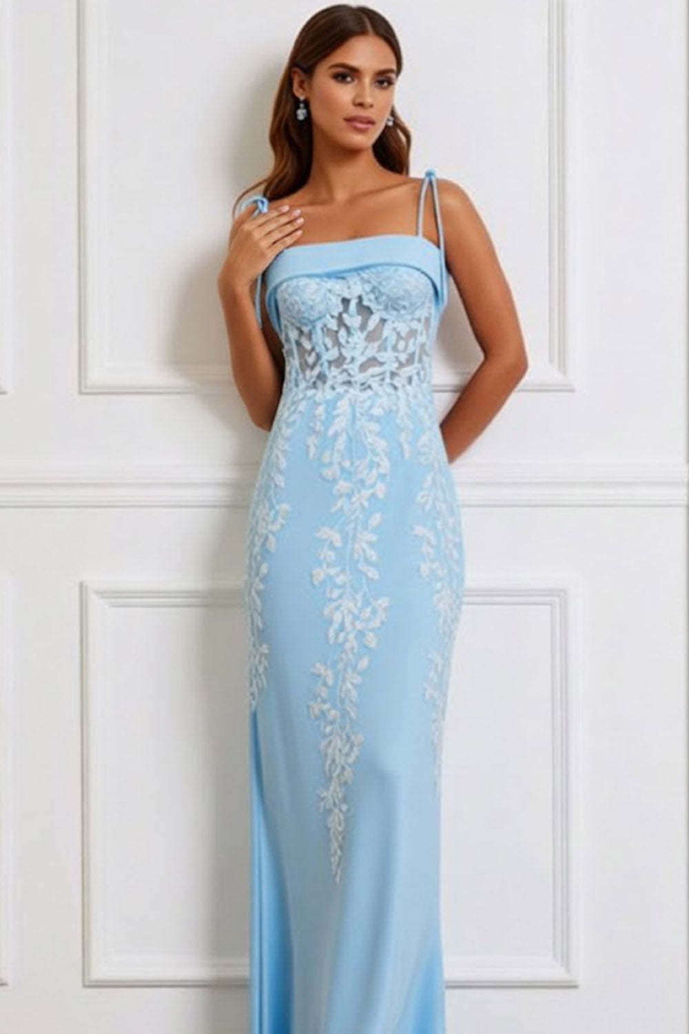 Floral Blue Spaghetti Straps Maxi Corset Prom Dress