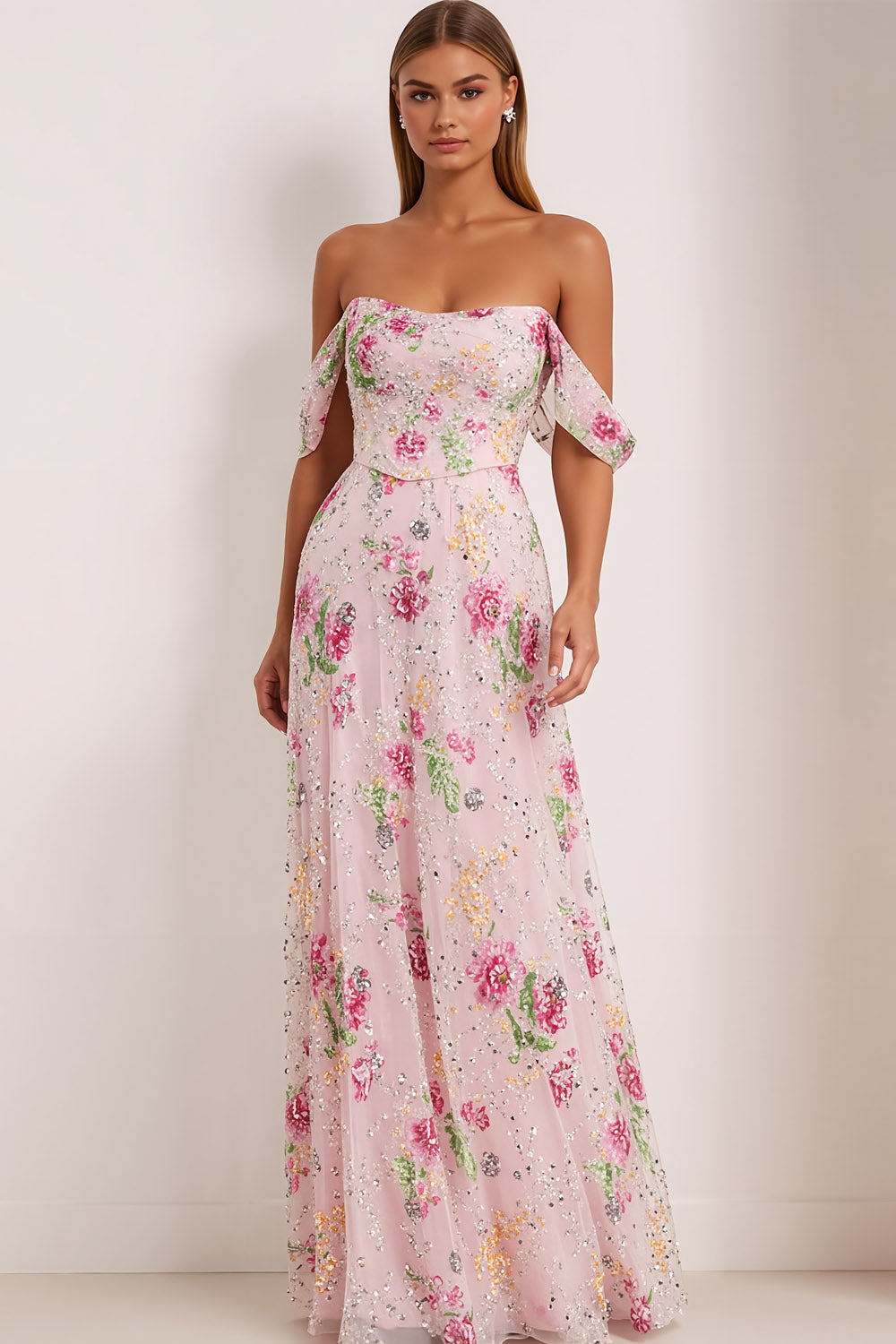 Leely Women Floral Pink Maxi Prom Dress with Beading Sparkly Off The Shoulder A Line Gala Dress