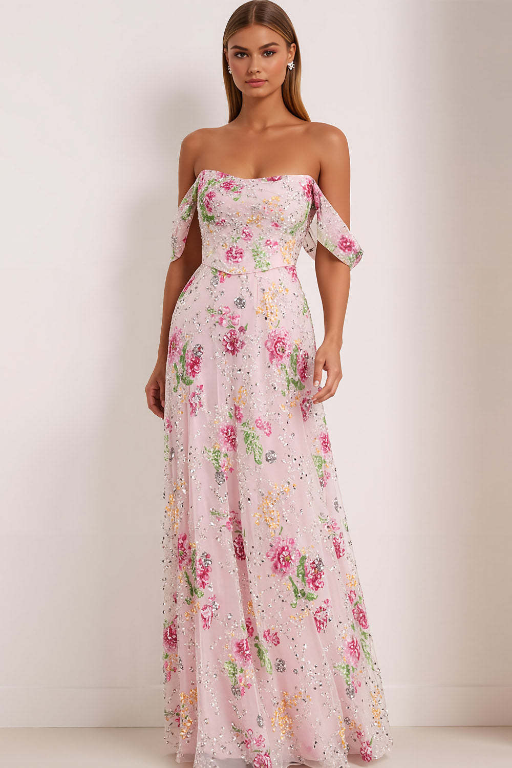 Leely Women Floral Pink Maxi Prom Dress with Beading Sparkly Off The Shoulder A Line Gala Dress