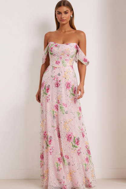 Leely Women Floral Pink Maxi Prom Dress with Beading Sparkly Off The Shoulder A Line Gala Dress