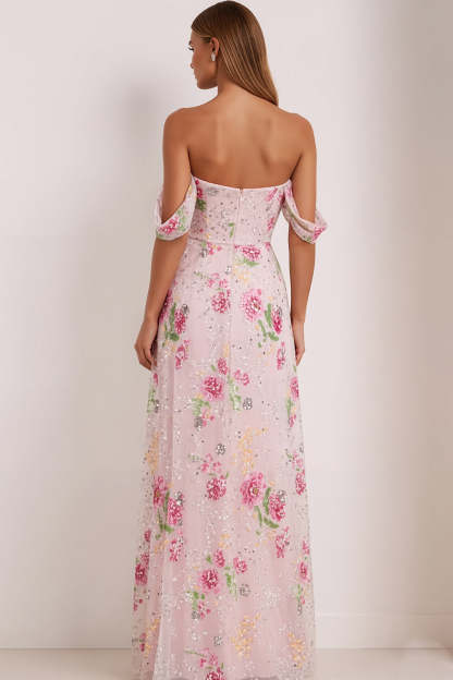 Floral Pink Sparkly Off The Shoulder Maxi Prom Dress with Beading