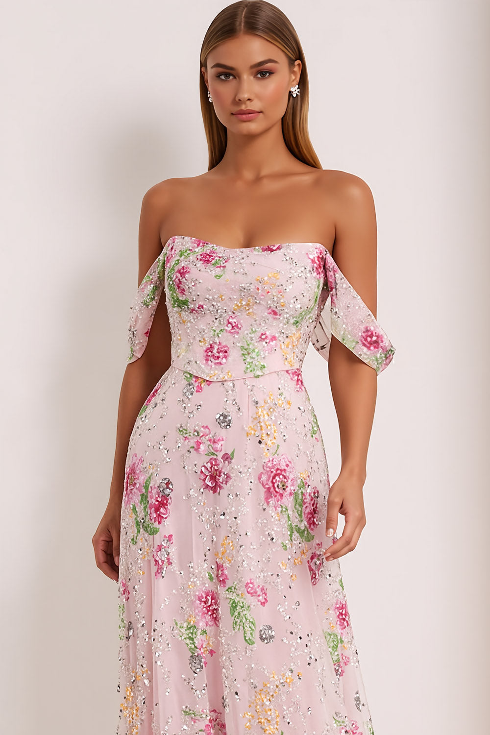 Floral Pink Sparkly Off The Shoulder Maxi Prom Dress with Beading