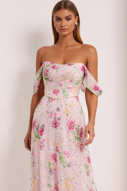 Floral Pink Sparkly Off The Shoulder Maxi Prom Dress with Beading