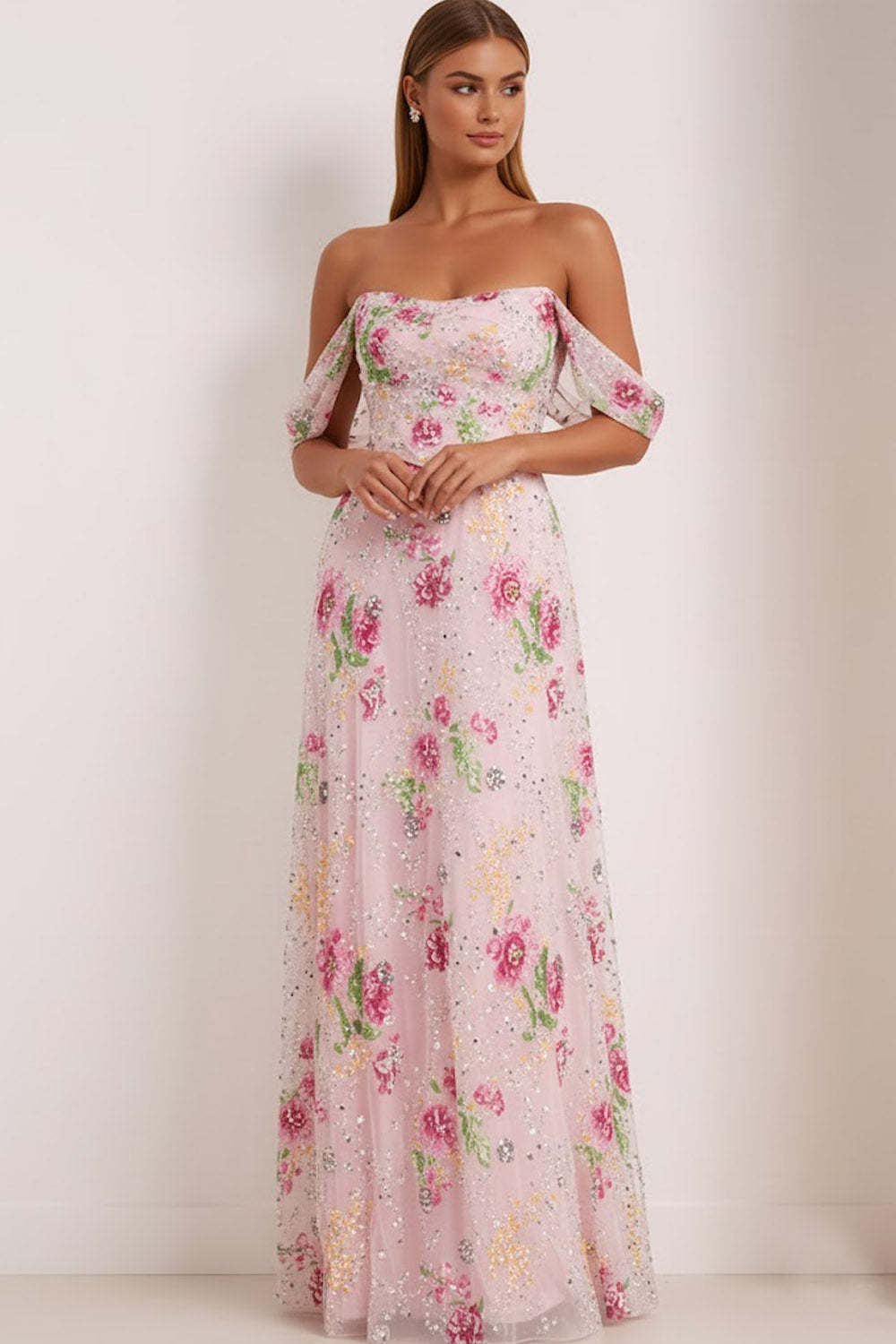 Floral Pink Sparkly Off The Shoulder Maxi Prom Dress with Beading
