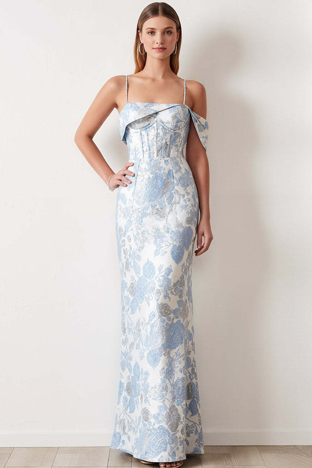 Light Blue Jacquard Mermaid Corset Long Wedding Guest Dress