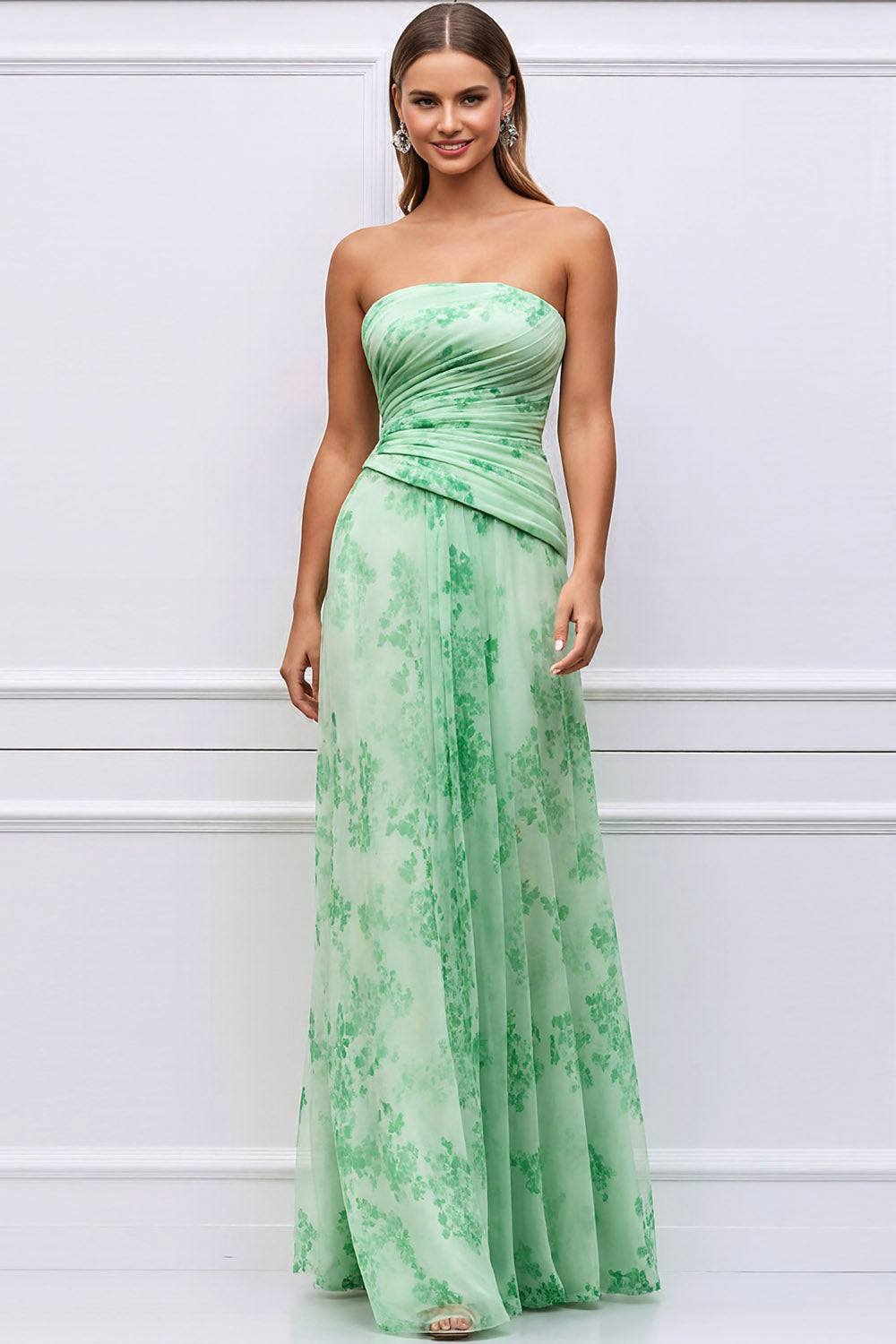 Floral Light Green Strapless Ruched Maxi Bridesmaid Dress