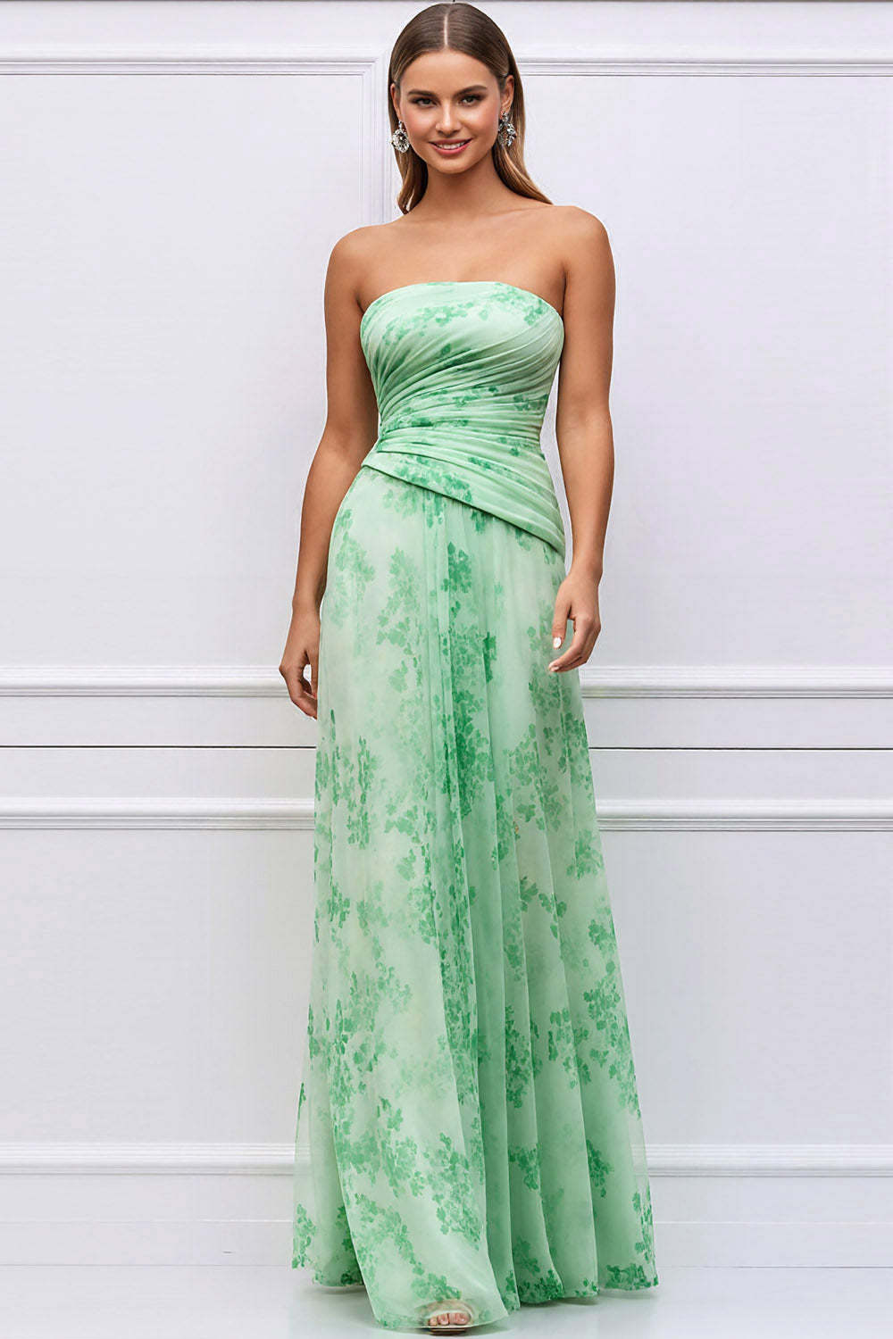 Leely Women Floral Light Green Maxi Bridesmaid Dress Strapless Ruched A Line Wedding Guest Dress