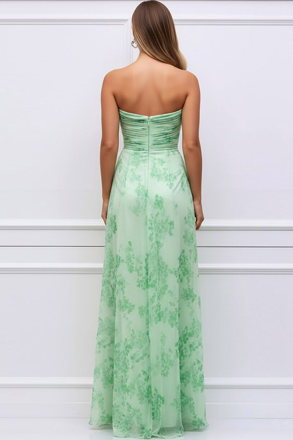 Floral Light Green Strapless Ruched Maxi Bridesmaid Dress