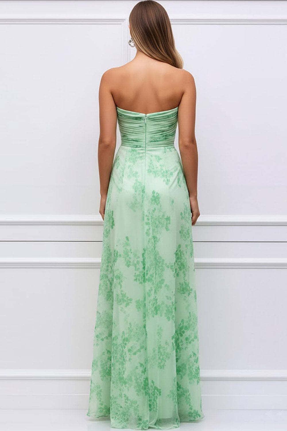 Floral Light Green Strapless Ruched Maxi Bridesmaid Dress
