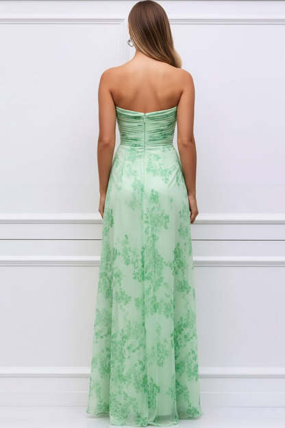 Floral Light Green Strapless Ruched Maxi Bridesmaid Dress