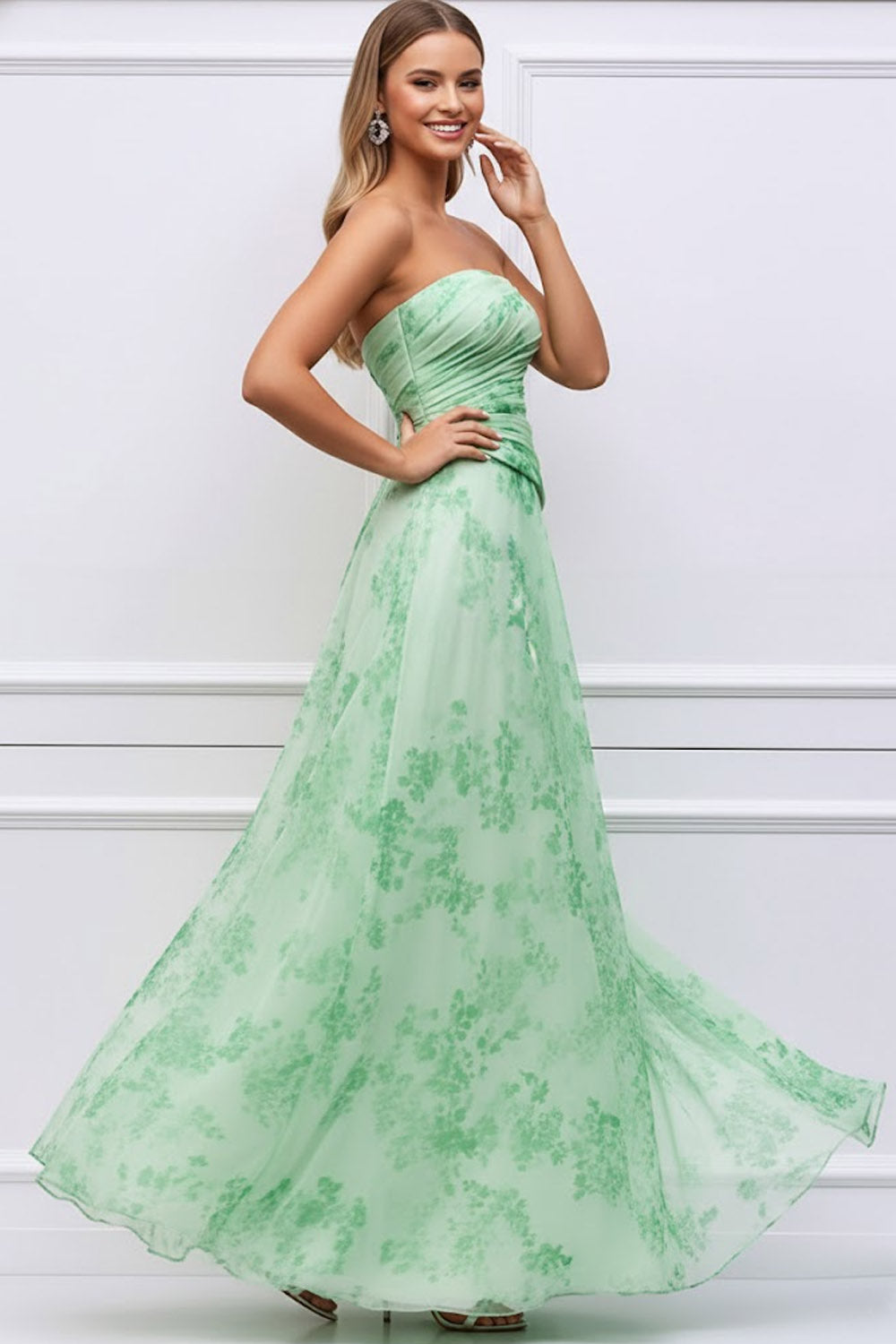 Floral Light Green Strapless Ruched Maxi Bridesmaid Dress