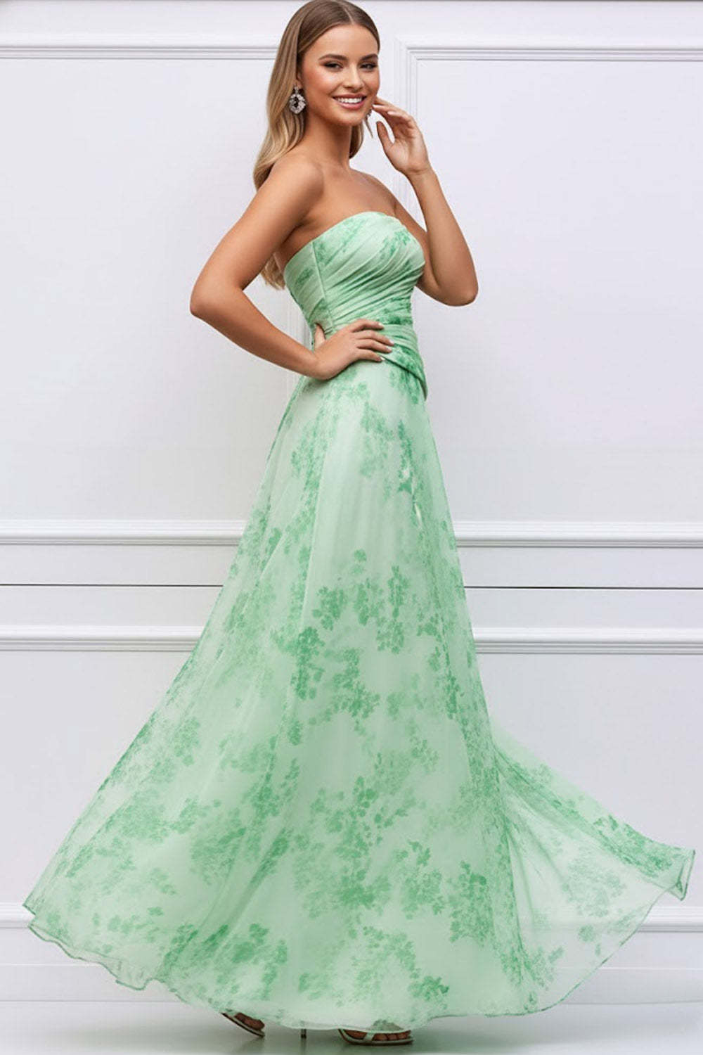 Floral Light Green Strapless Ruched Maxi Bridesmaid Dress
