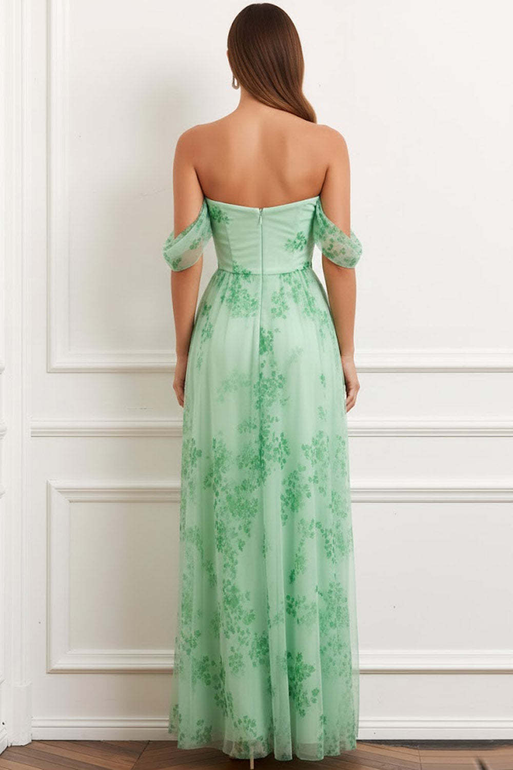Light Green Floral Chiffon A Line Maxi Flowy Wedding Guest Dress