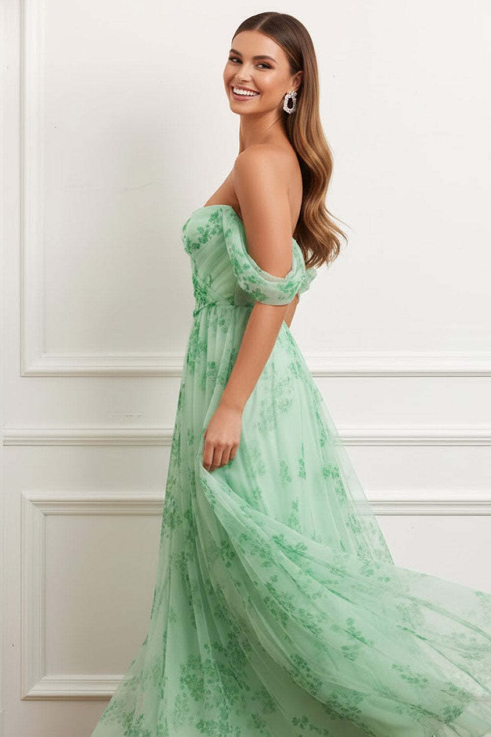Light Green Floral Chiffon A Line Maxi Flowy Wedding Guest Dress