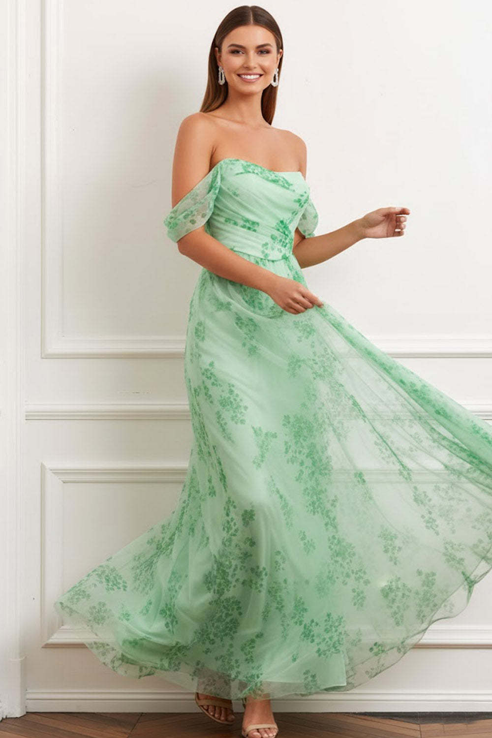 Light Green Floral Chiffon A Line Maxi Flowy Wedding Guest Dress